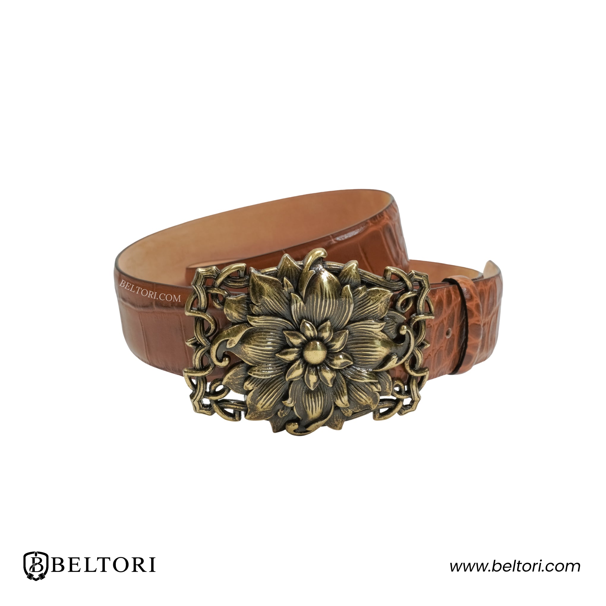 Floral Bloom Western Complete Belt with Old Gold Buckle – Brown Leather