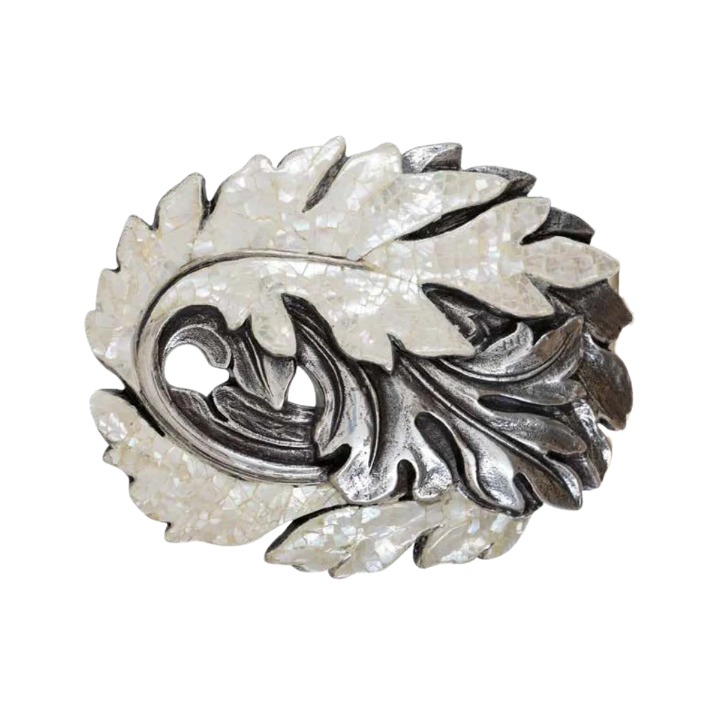 Decorative leaf motif belt buckle, oxidized silver with pearly mosaic inlay, studio cutout