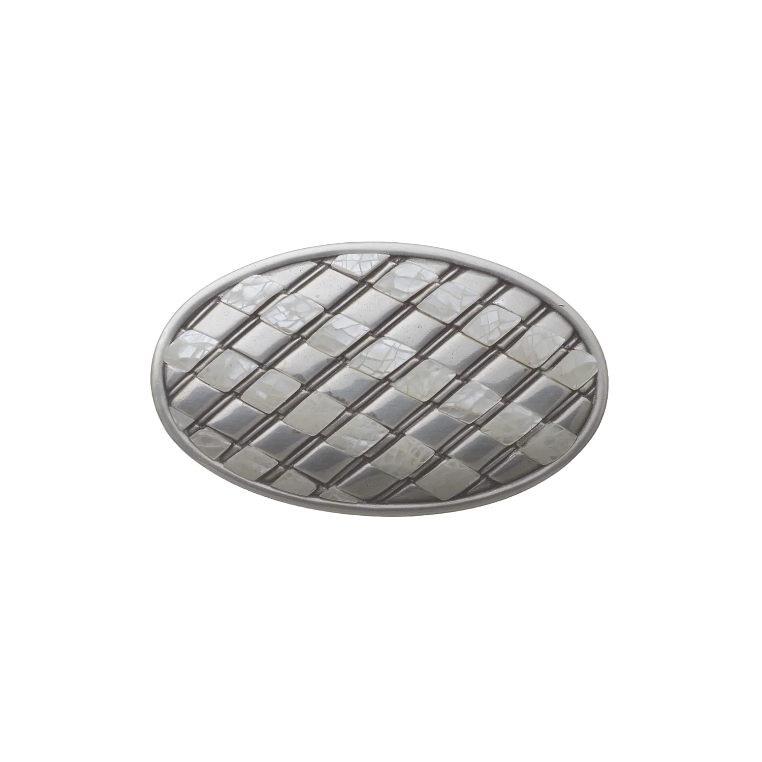 Oval Lattice 40mm belt buckle in English Silver + Cracked White Mother of Pearl.