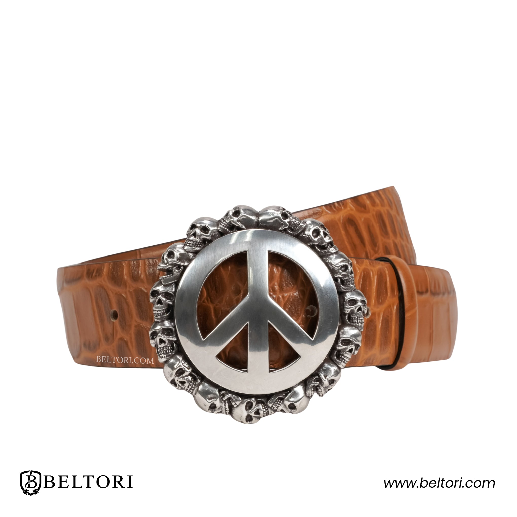 Peace & Skull English Silver Complete Belt – Brown Leather