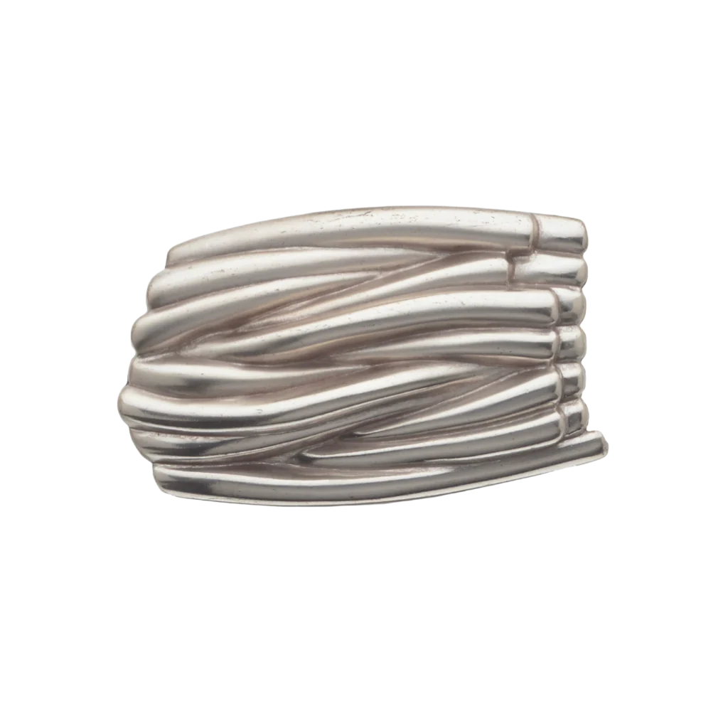 Silver-tone metal belt buckle with a unique woven design, a stylish Italian-designed fashion accessory for men and women.