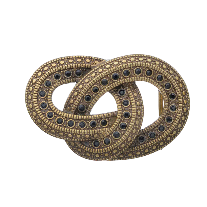 Antique gold-tone belt buckle with a detailed double-ring design and black gemstones, an Italian fashion accessory for formal wear.