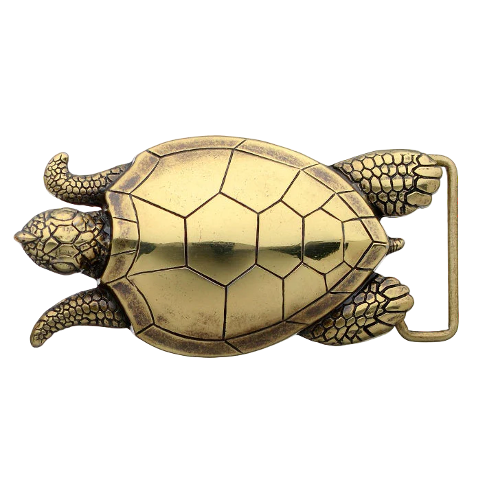 Polished brass sea turtle belt buckle, a unique animal design fashion accessory. Italian-designed jewelry for men and women.