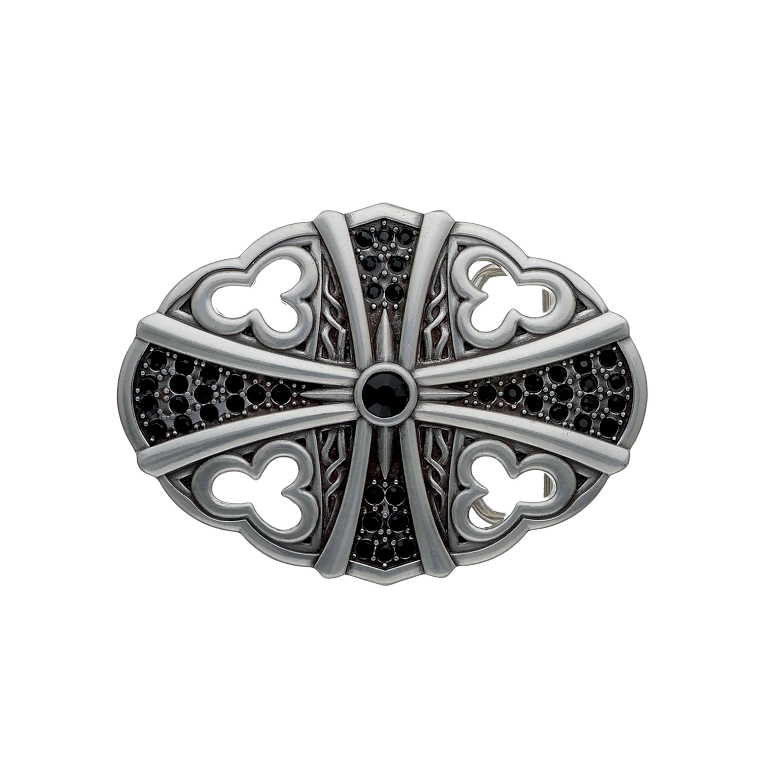 Belt buckle featuring a bold cross design with quatrefoil cutouts and jet-black strass accents, centered with a round black stone for a sharp, statement look in English silver.