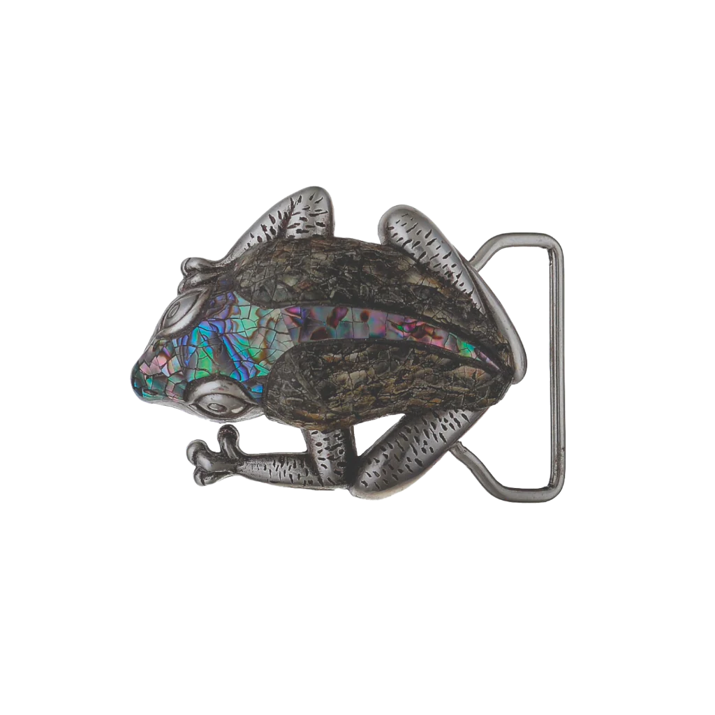 Silver-tone frog belt buckle with a dark abalone shell inlay, a unique Italian fashion accessory.