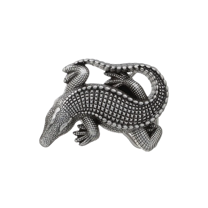 Detailed solid pewter alligator belt buckle, a unique reptile design fashion accessory. Italian-designed jewelry.