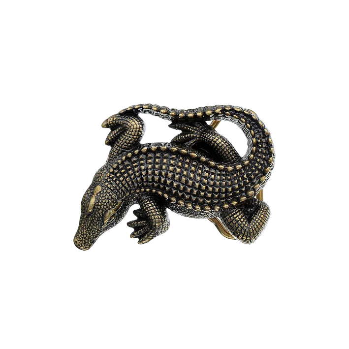 Detailed solid brass alligator belt buckle, a unique reptile design fashion accessory. Italian-designed jewelry.