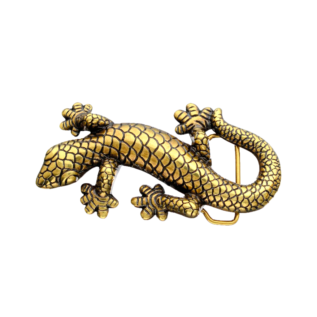 Gold lizard belt buckle with side loop and raised scale texture, transparent background