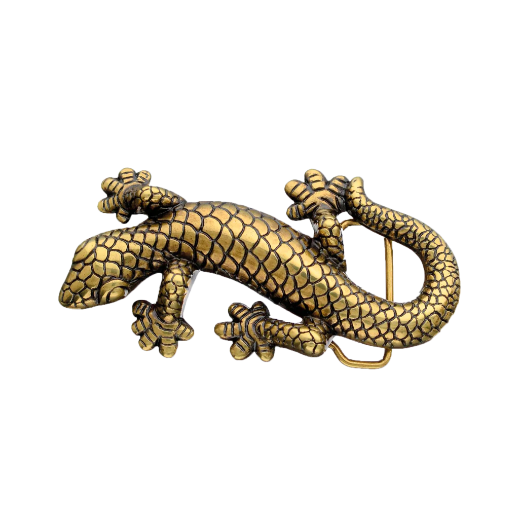 Gold lizard belt buckle with side loop and raised scale texture, transparent background