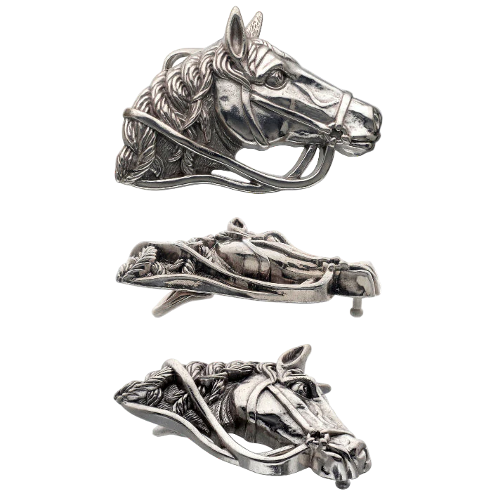 Detailed solid pewter horse head belt buckle with bridle design, a unique animal fashion accessory. Italian-designed.