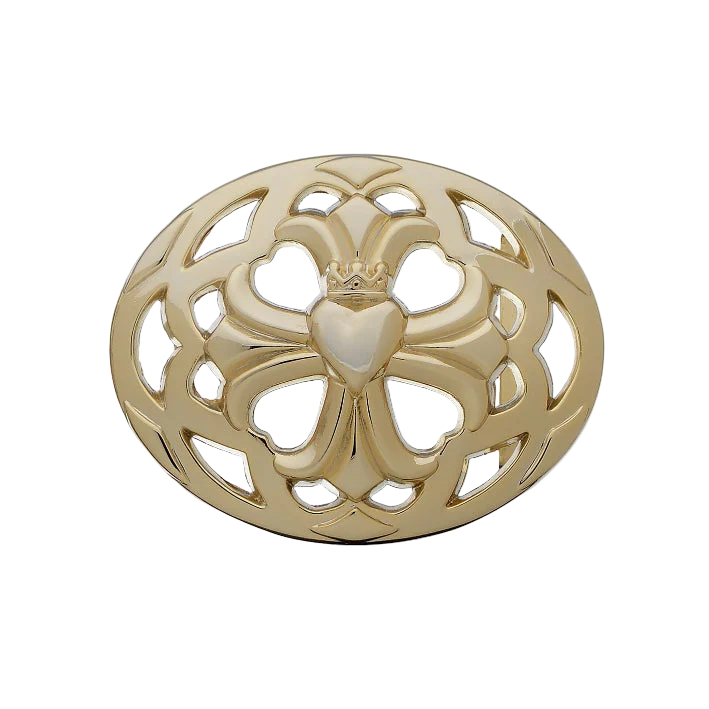 Oval polished brass belt buckle with a crowned heart design, a unique Italian fashion accessory.