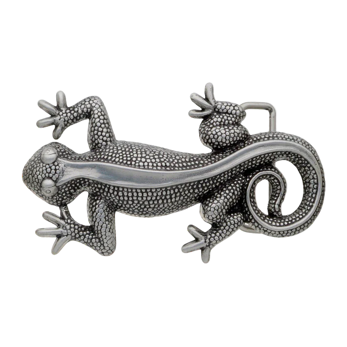 Textured pewter gecko belt buckle with a smooth silver stripe down the back, a unique Italian design fashion accessory.