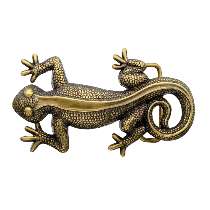 Textured brass gecko belt buckle with a smooth gold-tone stripe down the back, a unique Italian design fashion accessory.