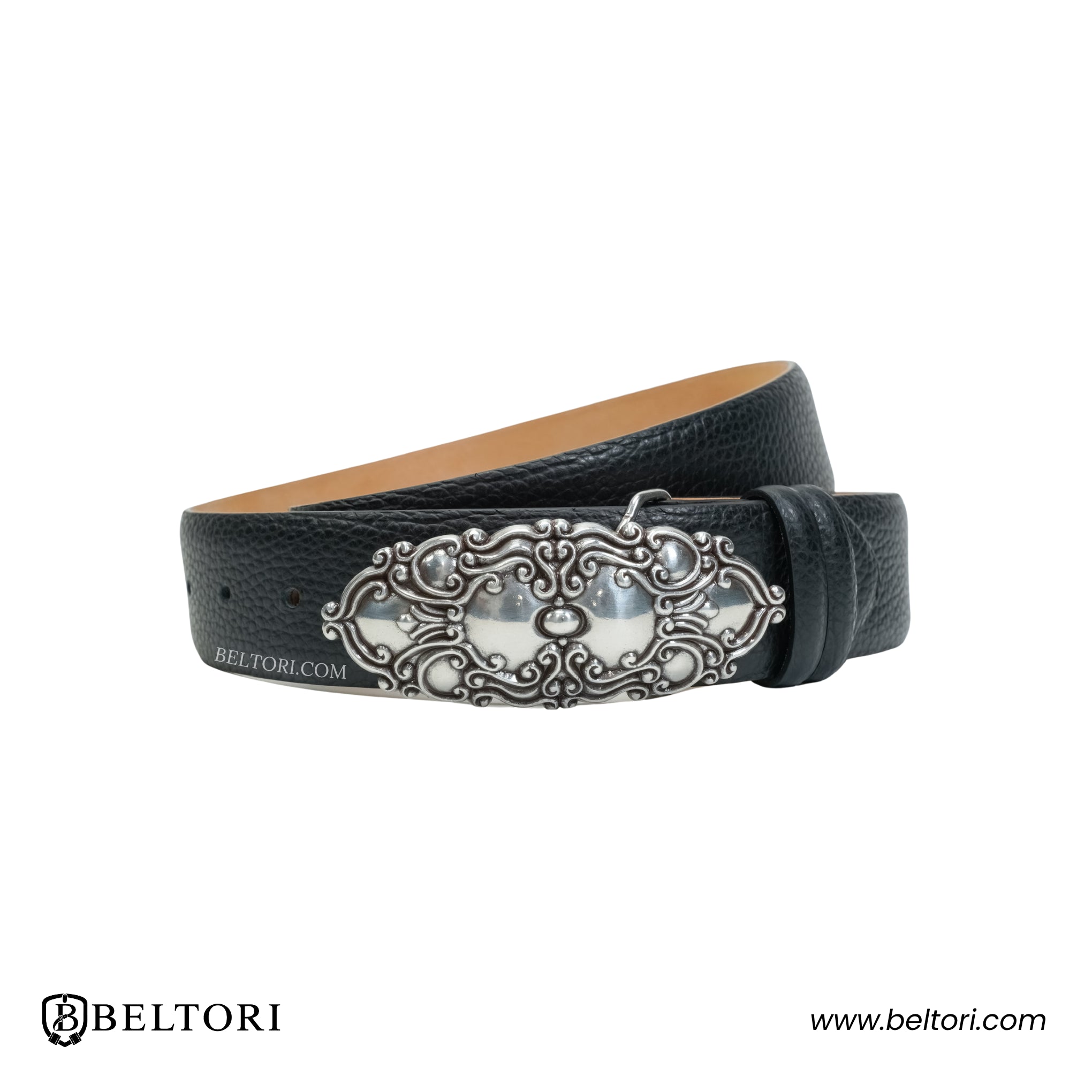 Ornate Scroll Complete Belt English Silver – Black Croc Leather