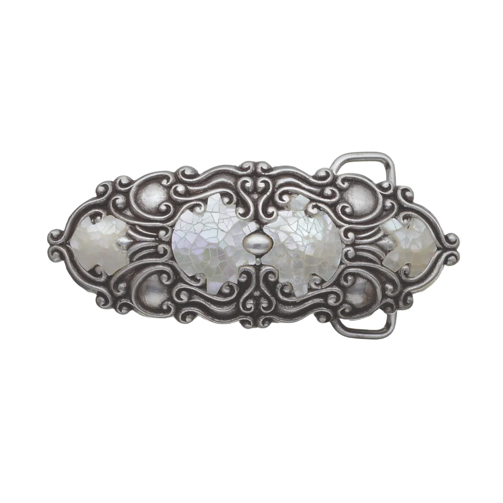Polished silver belt buckle with a detailed Art Nouveau-style design and shimmering cracked mother of pearl inlays, a stylish fashion accessory with a beautiful Italian design.