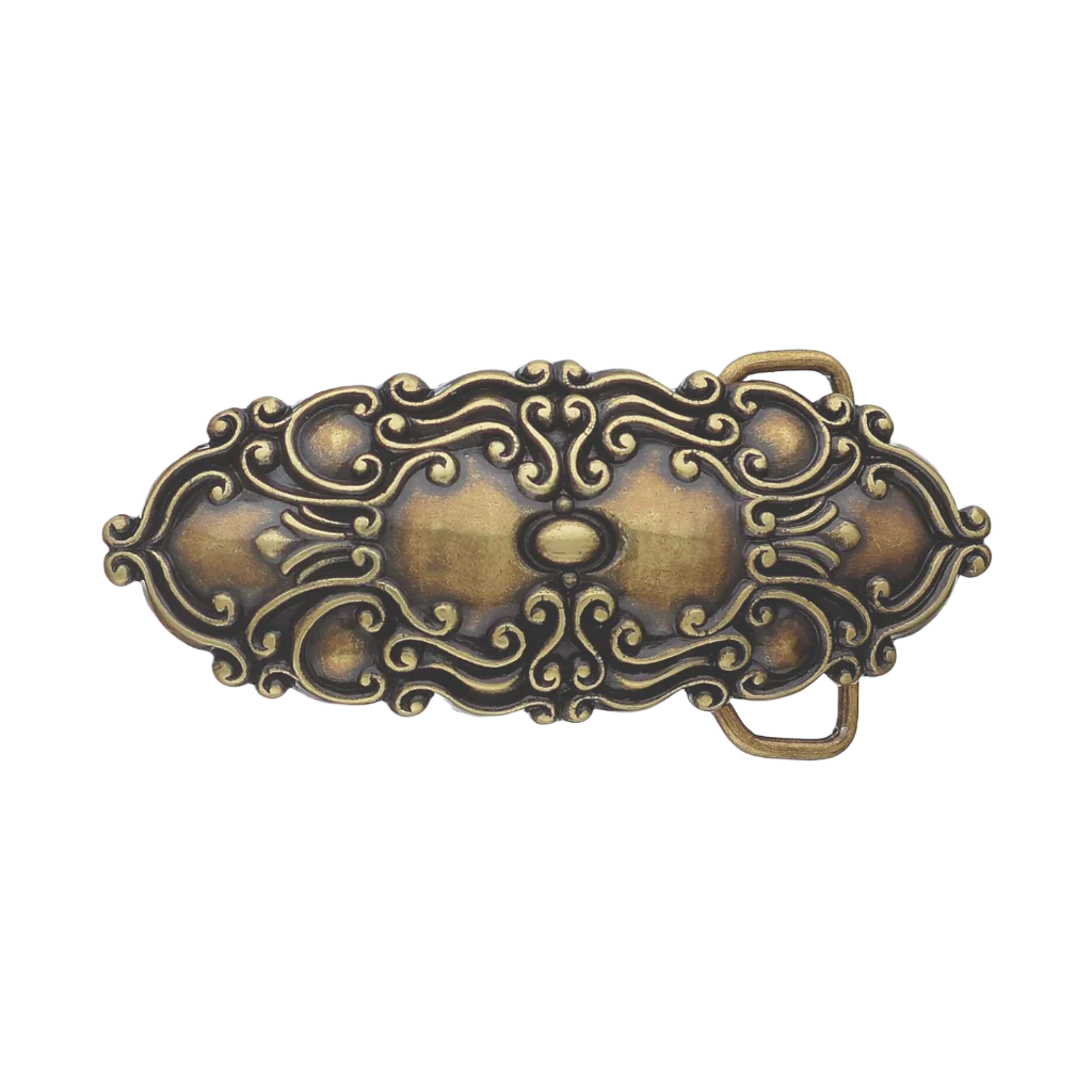 Oval antique brass belt buckle with a detailed filigree scroll pattern, a unique vintage Italian fashion accessory.