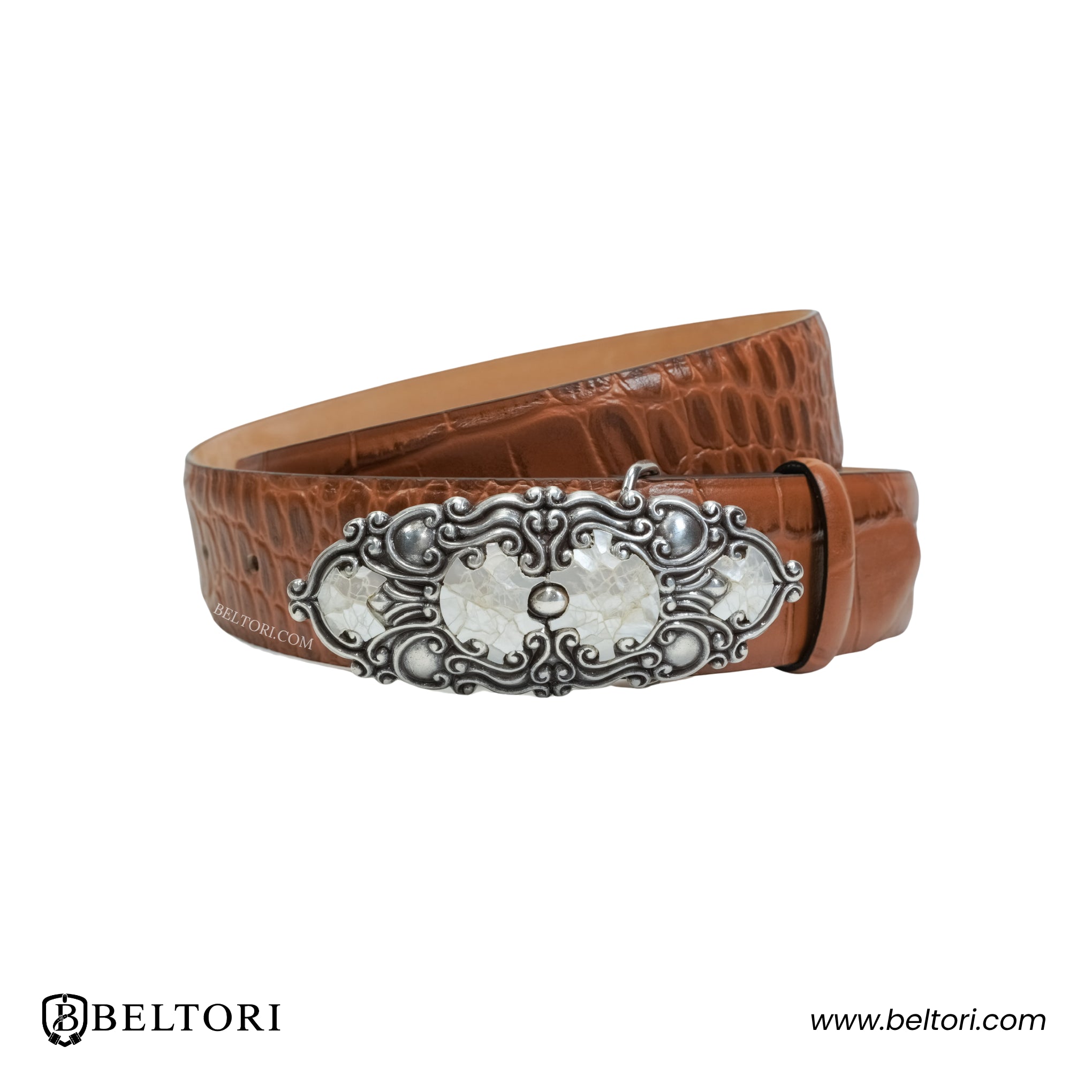 Ornate Scroll Cracked White Mother of Pearl Complete Belt – Brown Leather