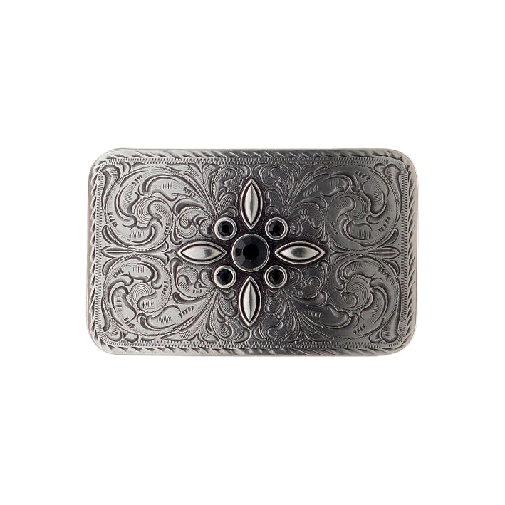 Shiny Silver Rectangular Belt Buckle with an intricate vintage floral and cross engraving, a stylish fashion accessory with a beautiful Italian design.