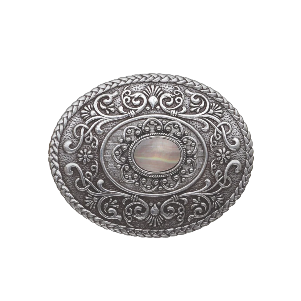 Oval solid silver belt buckle with a mother-of-pearl inlay and ornate filigree, a unique Italian design fashion accessory.