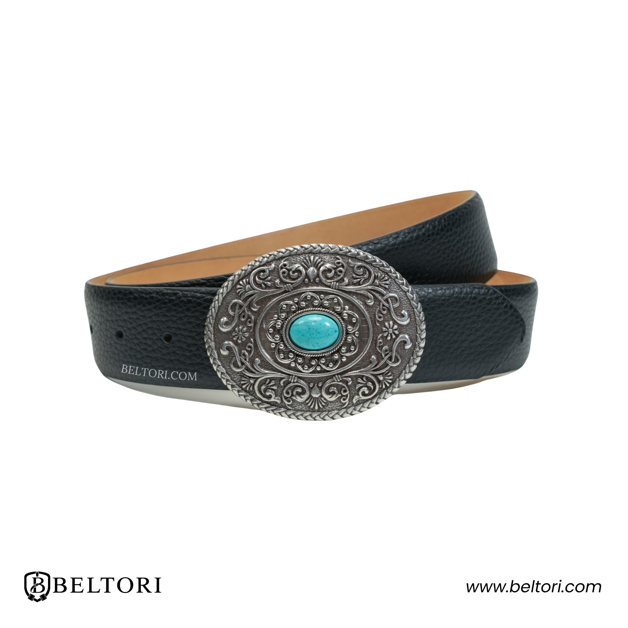 Ornate Oval Turquoise Stone English Silver Complete Belt – Black Croc Leather