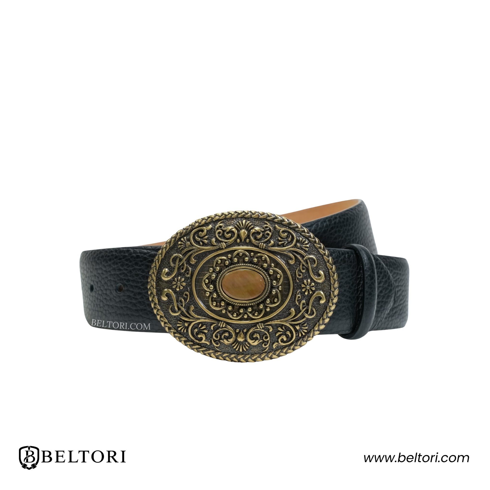 Ornate Oval Complete Belt Old Gold – Black Croc Leather