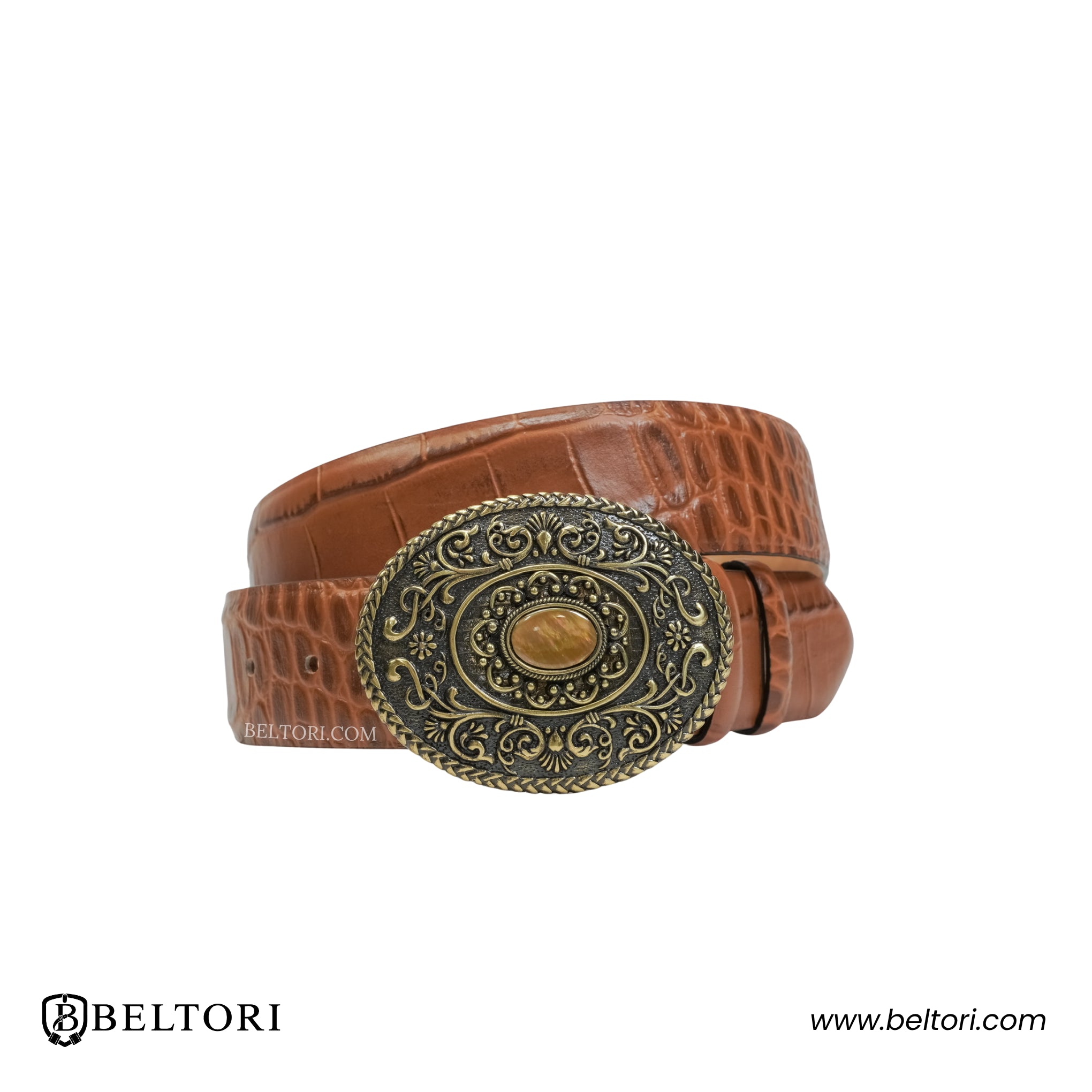 Ornate Oval Complete Belt Old Gold – Brown Leather