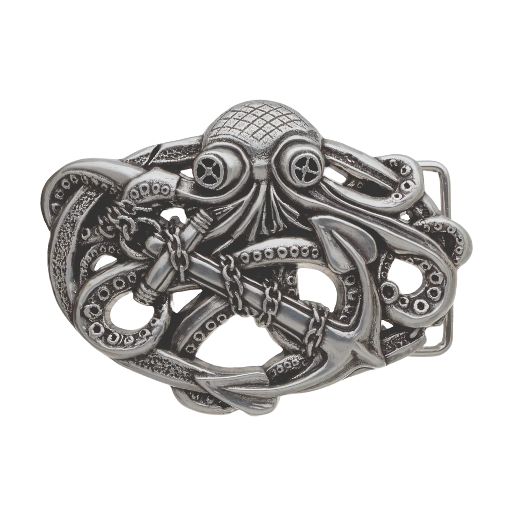 Ornate polished silver belt buckle with a detailed octopus and anchor design, a unique fashion accessory with a nautical and bold Italian design.