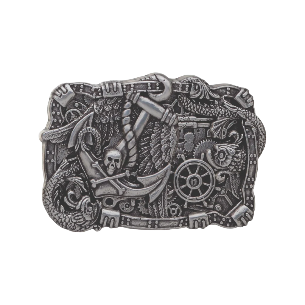 Intricate and detailed steampunk-style silver belt buckle featuring a skull and crossbones, anchor, gears, and a dragon or sea serpent, a unique fashion accessory with a bold Italian design.