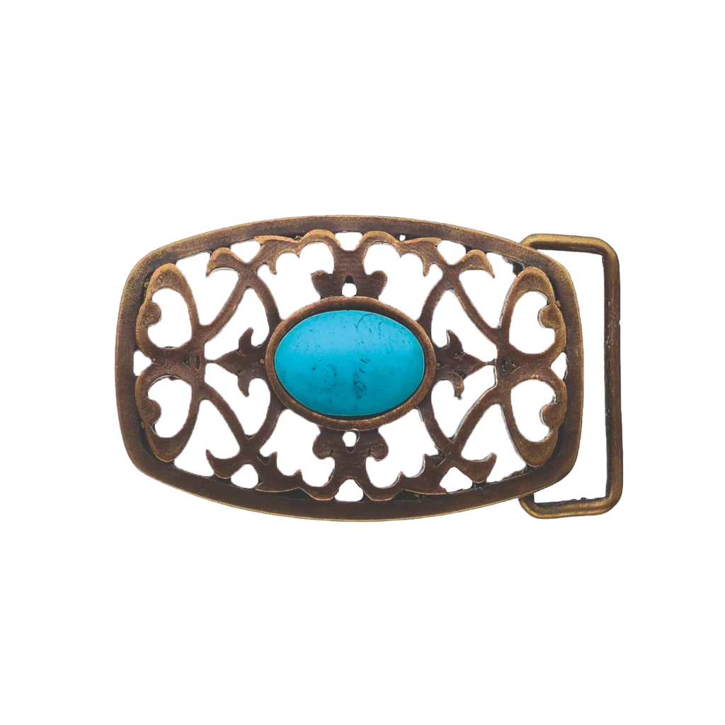 Italian design belt buckle fashion accessory—antique brass filigree with oval turquoise stone centerpiece.