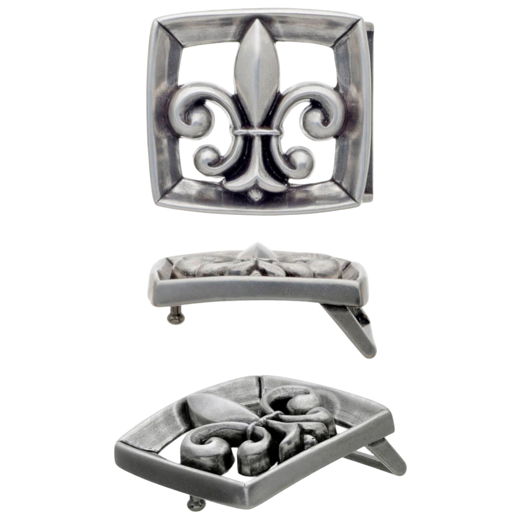 Square fleur-de-lis belt buckle in oxidized silver, front and side angles with visible hardware, transparent background