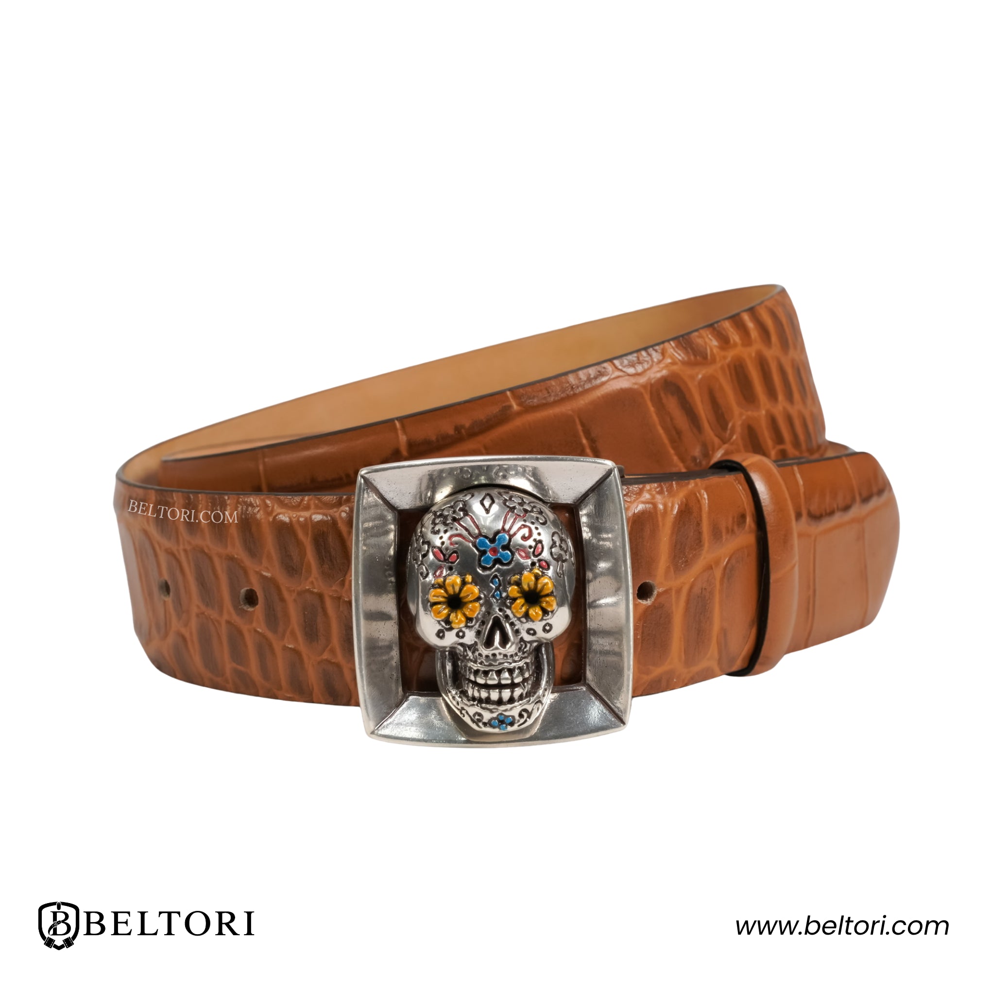 Day Of The Dead Skull English Silver Complete Belt with Enamel Buckle – Brown Leather