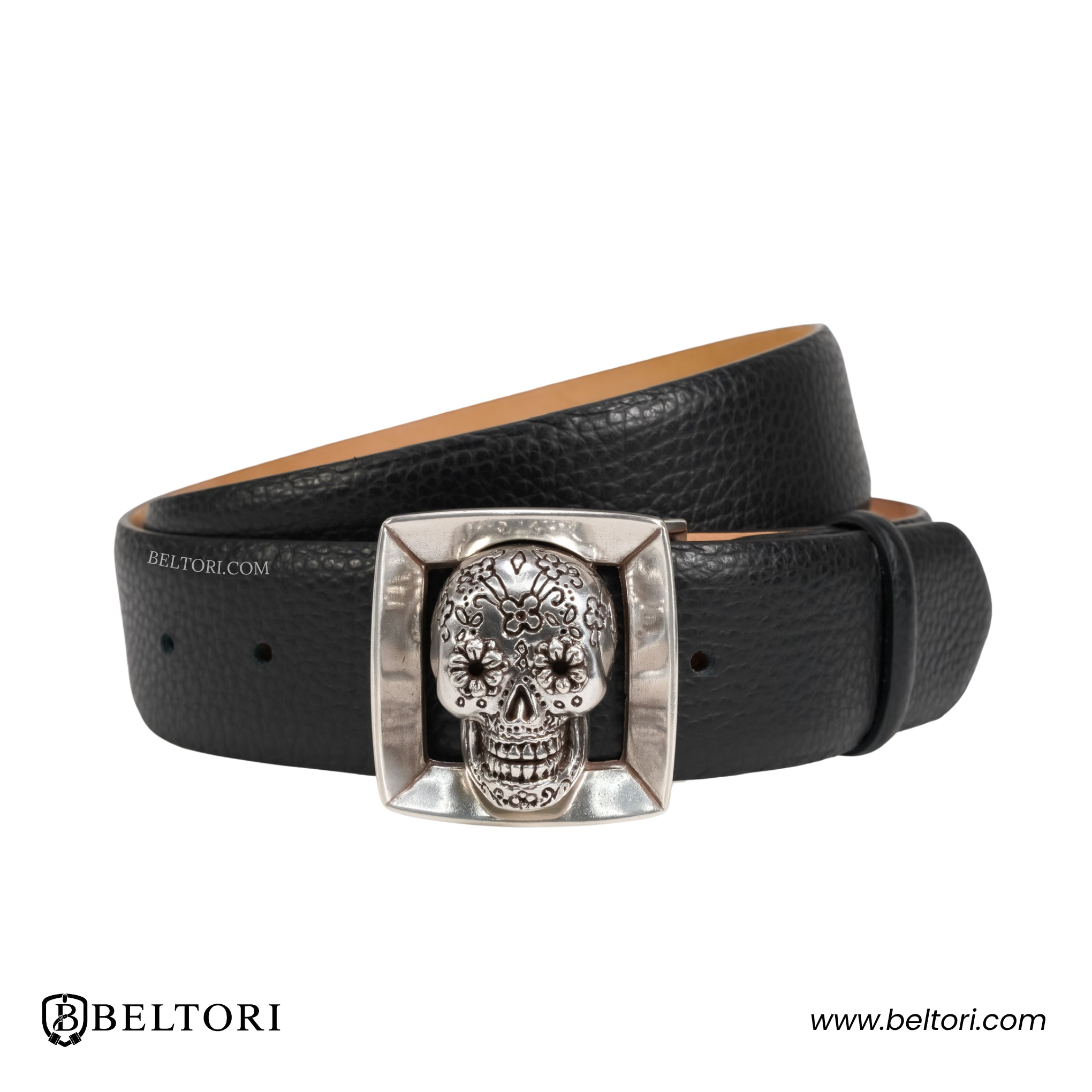 Sugar Skull English Silver Complete Belt – Black Croc Leather