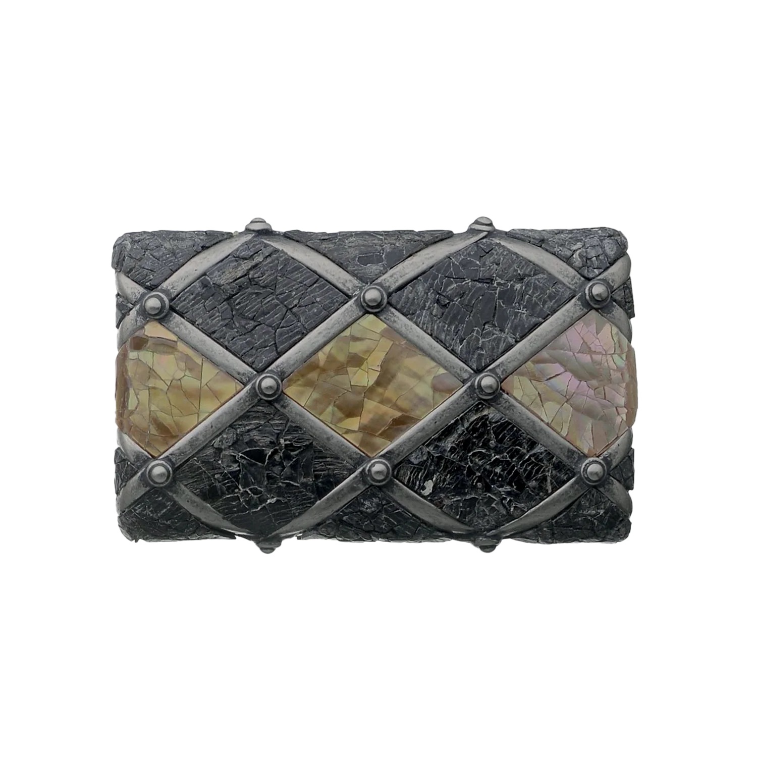 Riveted Diamond Lattice 40mm belt buckle in Old Nickelfree + Cracked Raw Black Lip Mother of Pearl.