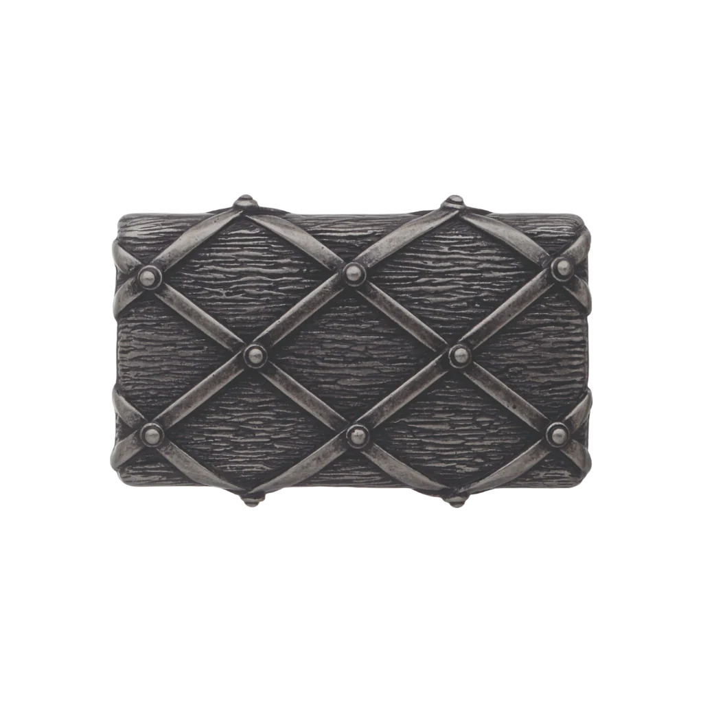 Detailed antique silver belt buckle with a textured wood-like grain and a studded crosshatch or lattice pattern, a unique fashion accessory with a beautiful Italian design.