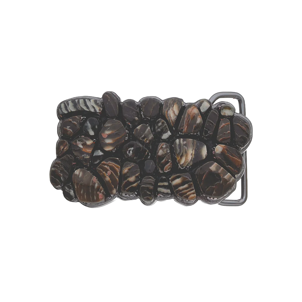 Rectangular belt buckle with polished dark brown stone inlay, mosaic rock pattern, western cowboy rodeo fashion accessory