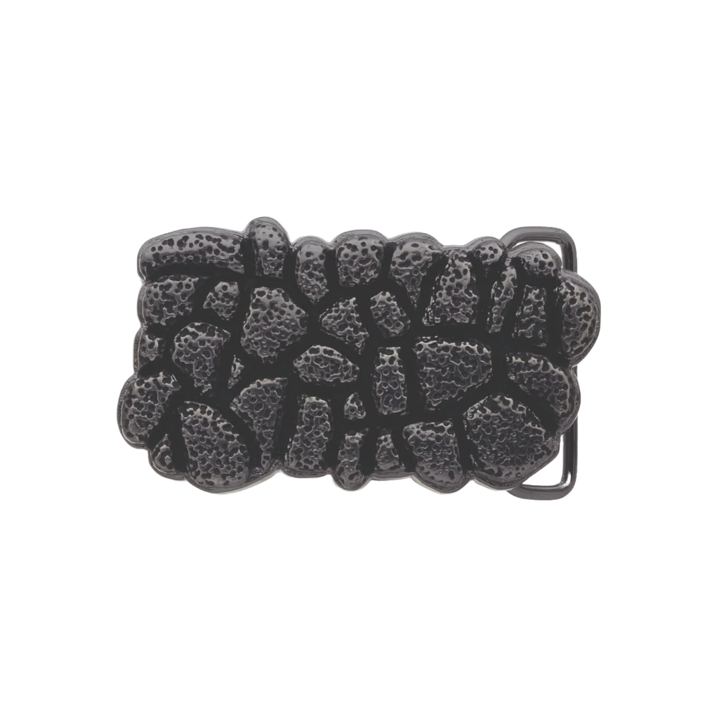 Detailed textured dark silver belt buckle with a raised cobblestone or rock-like pattern, a unique fashion accessory with a beautiful Italian design.
