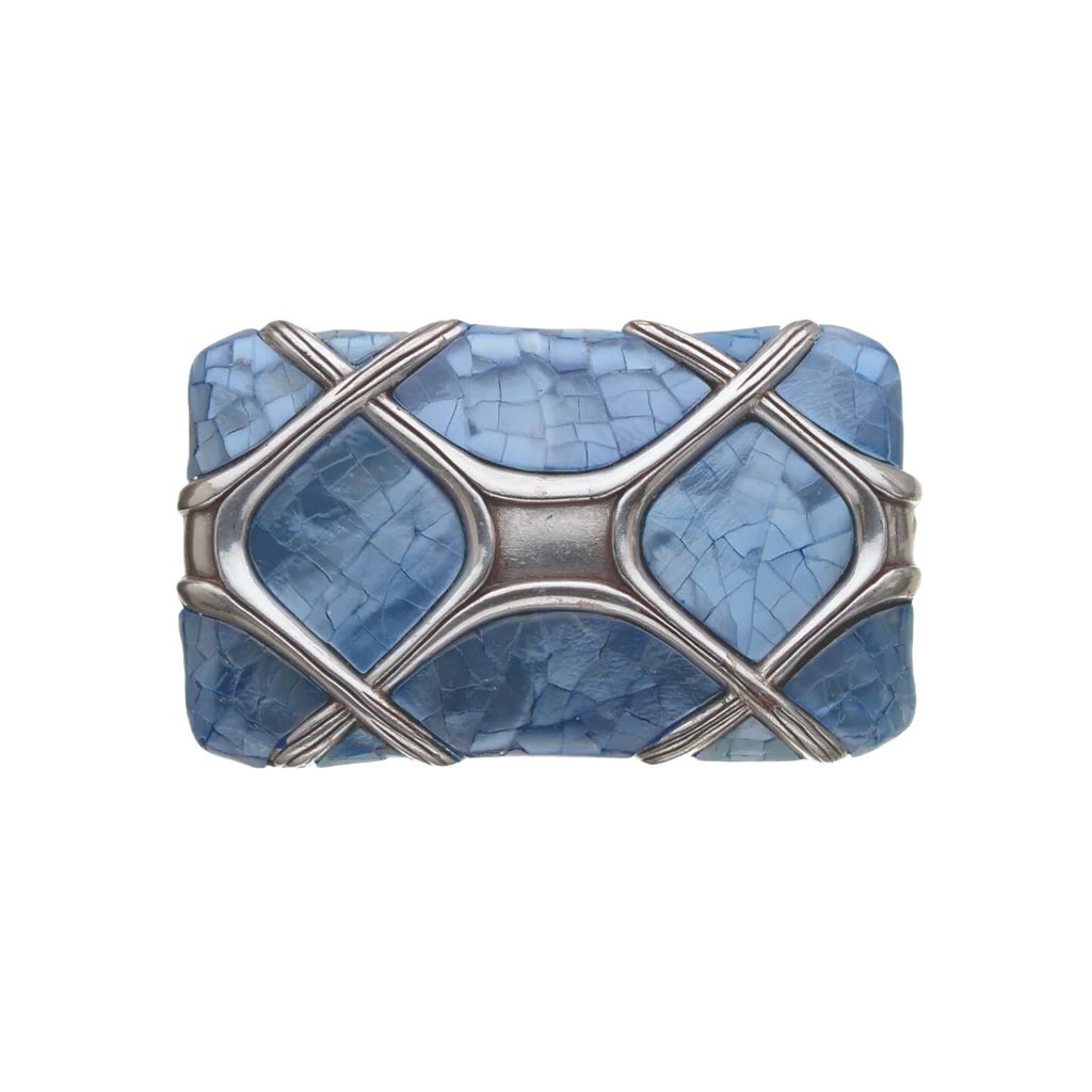 Rectangular belt buckle with light blue mosaic inlay and silver lattice overlay, stylish geometric design, men’s fashion accessory