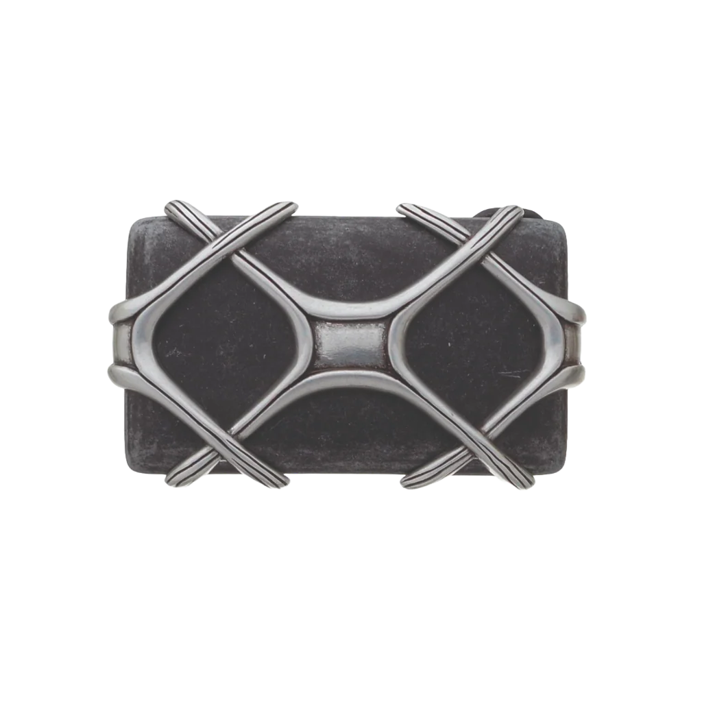 Black belt buckle with silver geometric design