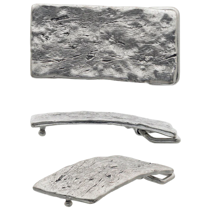 Rustic silver belt buckle with hammered textured finish, rectangular shape, artisan handcrafted men’s accessory