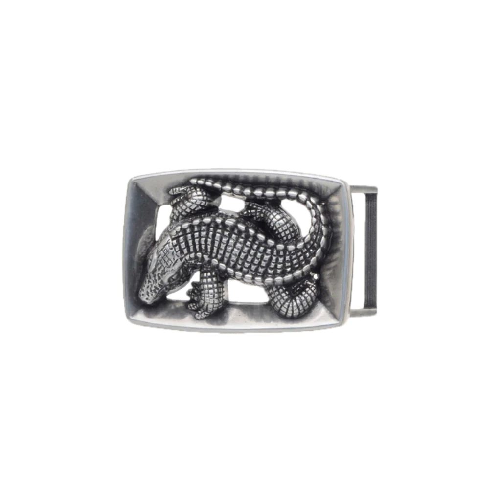 Antique silver belt buckle with crocodile design, rectangular shape, handcrafted Zamak accessory