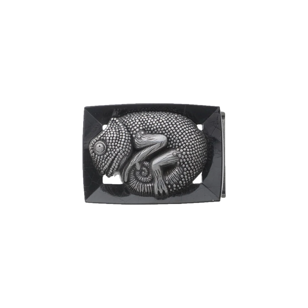 Silver chameleon belt buckle with black stone background, reptile animal design fashion accessory with detailed lizard texture