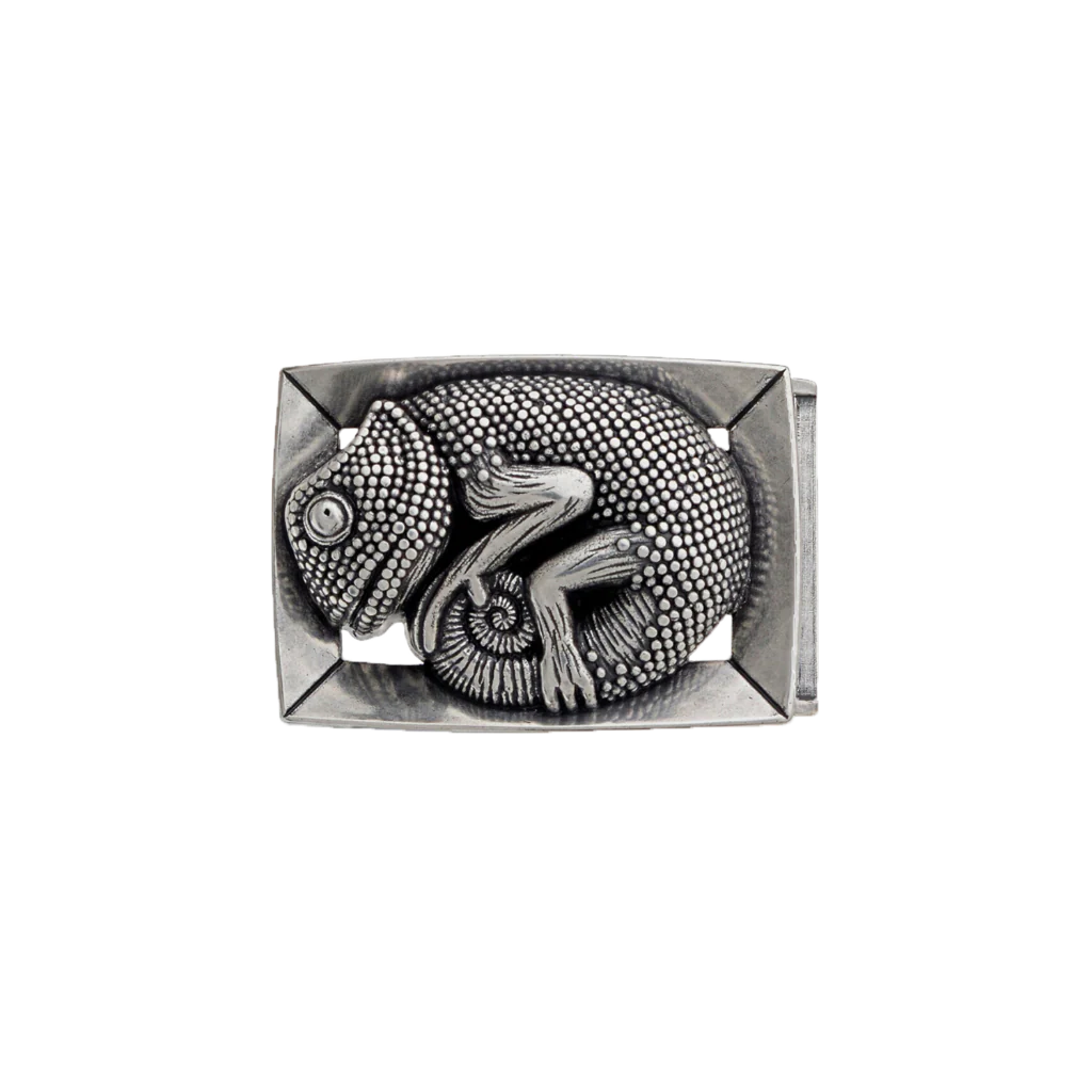 Silver belt buckle with a chameleon design