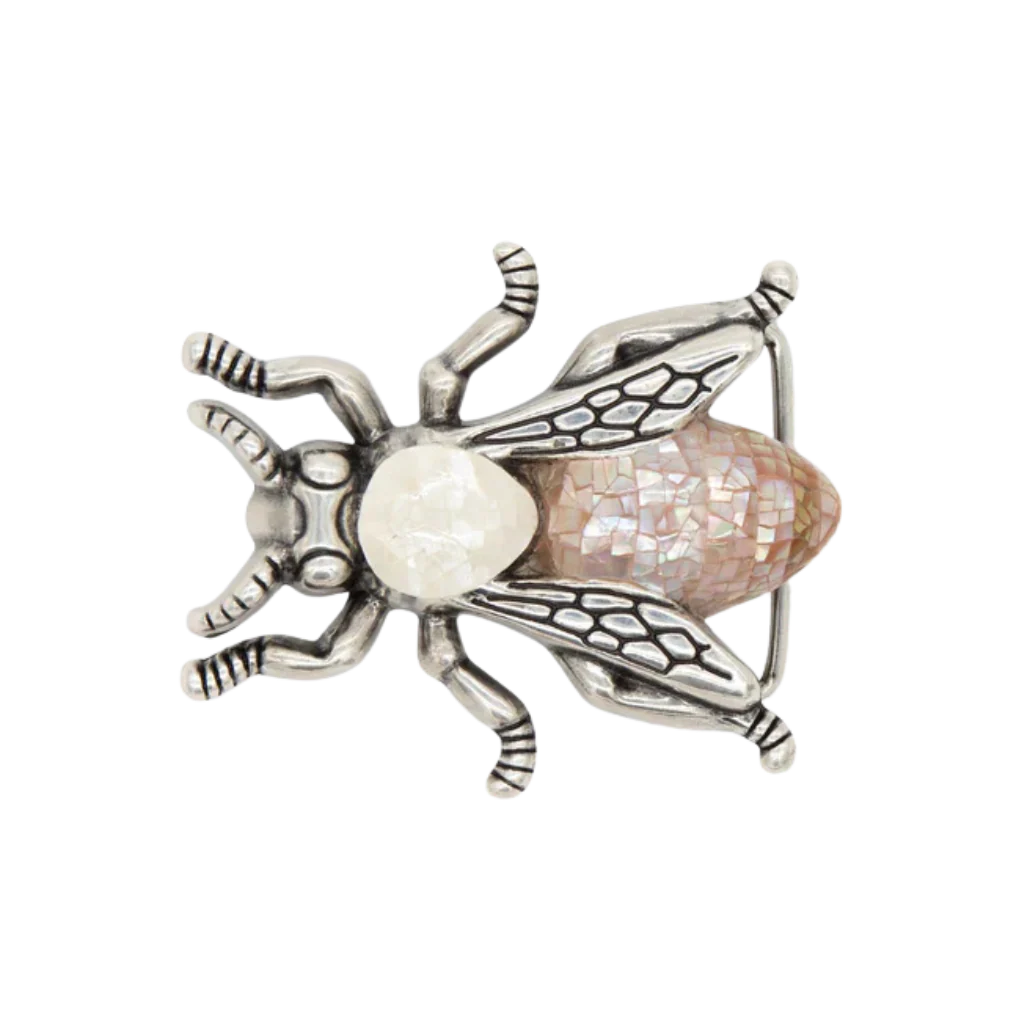Silver bee buckle with cracked pearl thorax and light pink abalone-style abdomen, transparent background