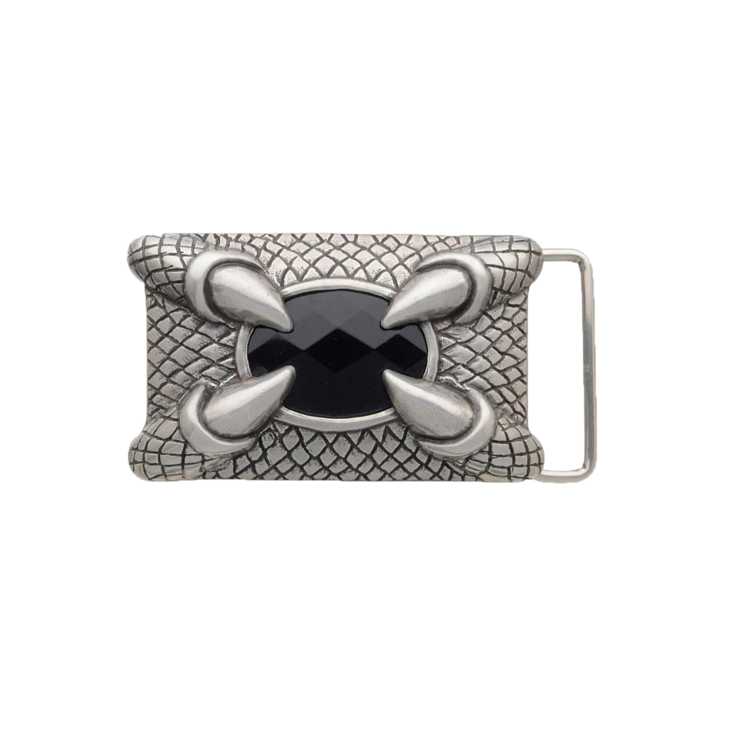 Textured silver belt buckle with a scaly or reptile-like pattern, featuring a central faceted black stone clutched by four detailed claws, a unique and bold fashion accessory with an Italian design.