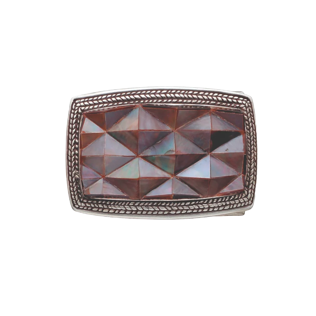 Polished silver belt buckle with a textured braided border and a large rectangular mother of pearl centerpiece with a faceted diamond pattern, a luxurious fashion accessory with a beautiful Italian design.