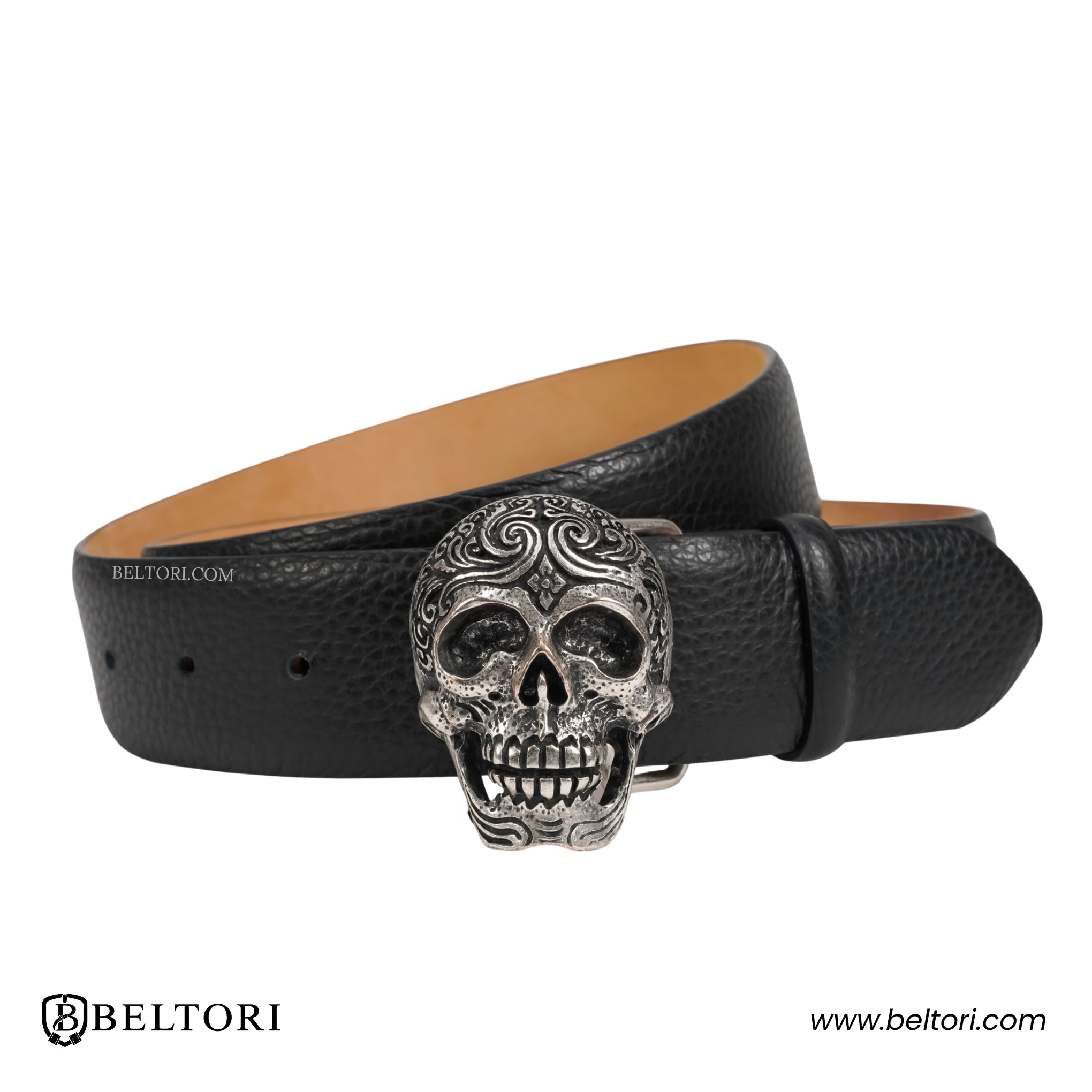 Engraved Skull English Silver Complete Belt – Black Croc Leather