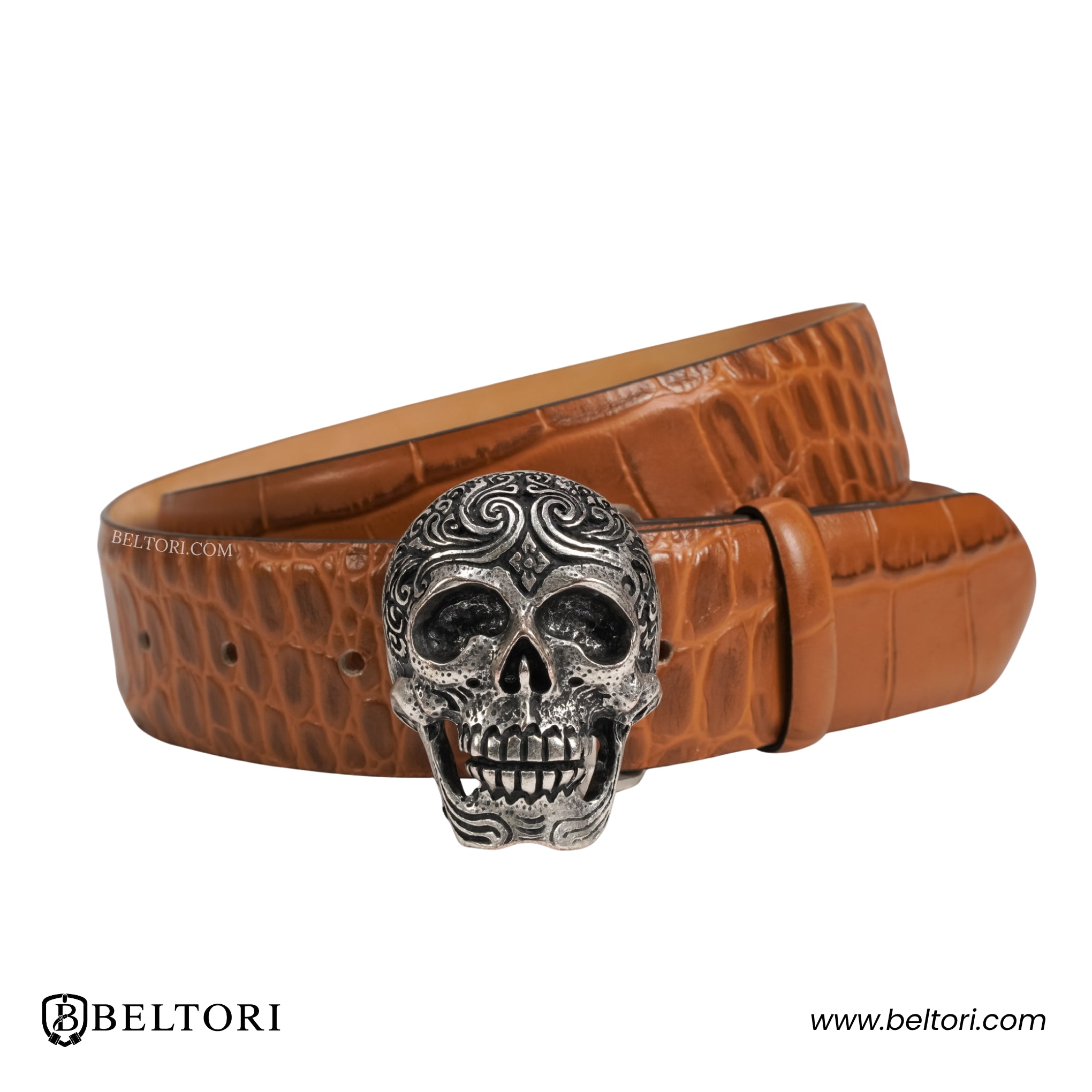 Engraved Skull English Silver Complete Belt with Detailed Skull Buckle – Brown Leather