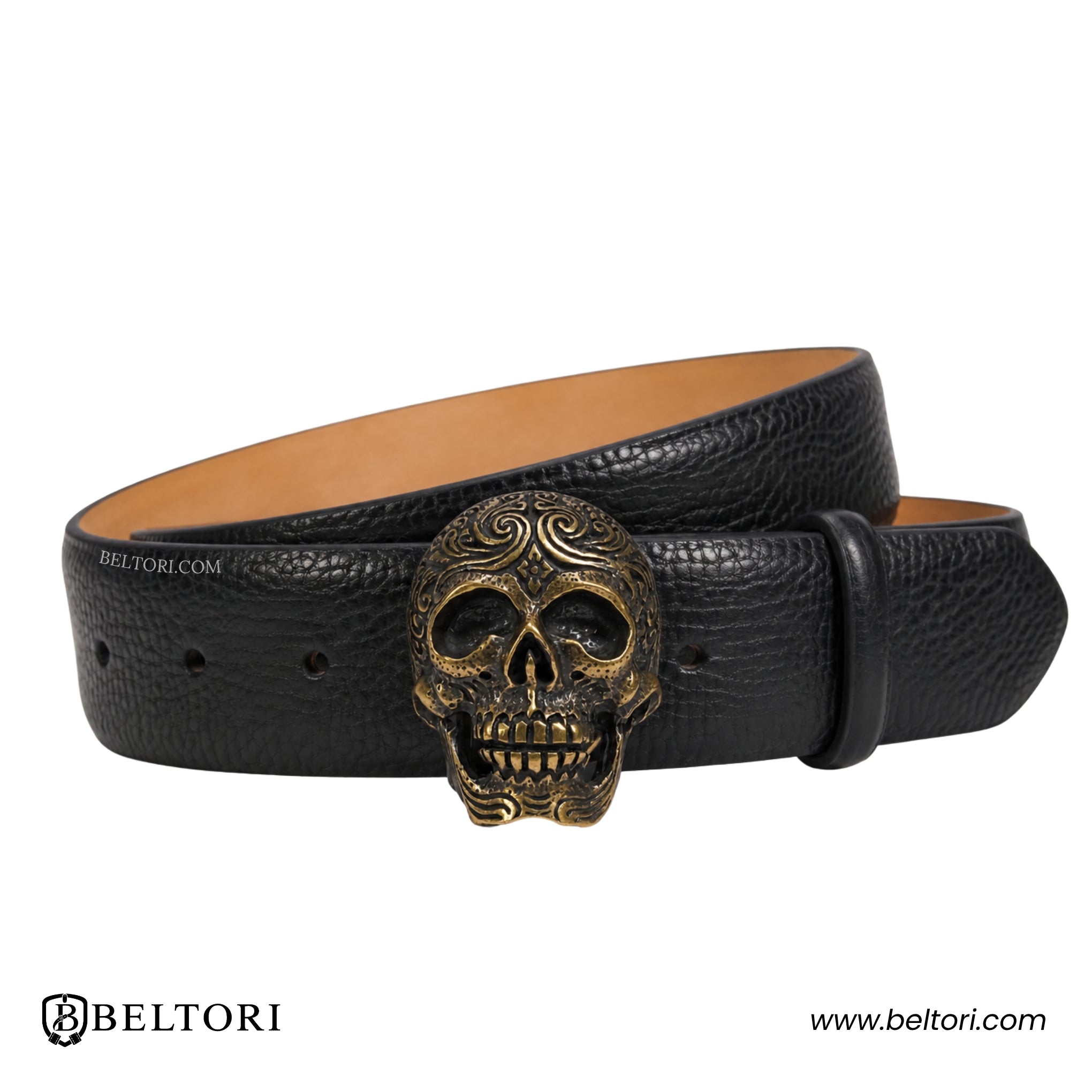 Engraved Skull Old Gold Complete Belt – Black Croc Leather