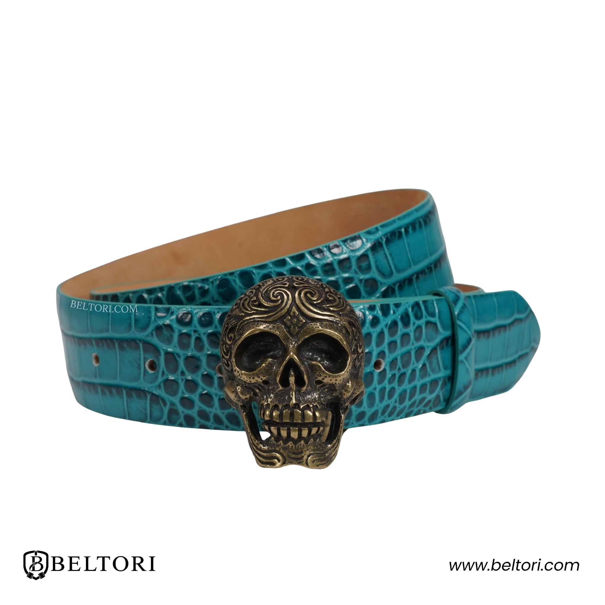 Engraved Skull Old Gold Complete Belt – Foresta Leather