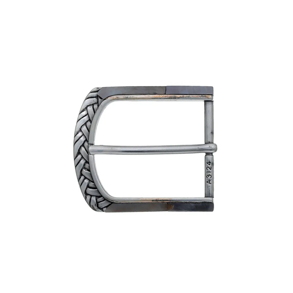 Polished silver rectangular belt buckle with braided side detail and dark trim, fits 40mm belt strap
